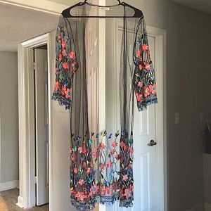 Black see through embroidered kimono